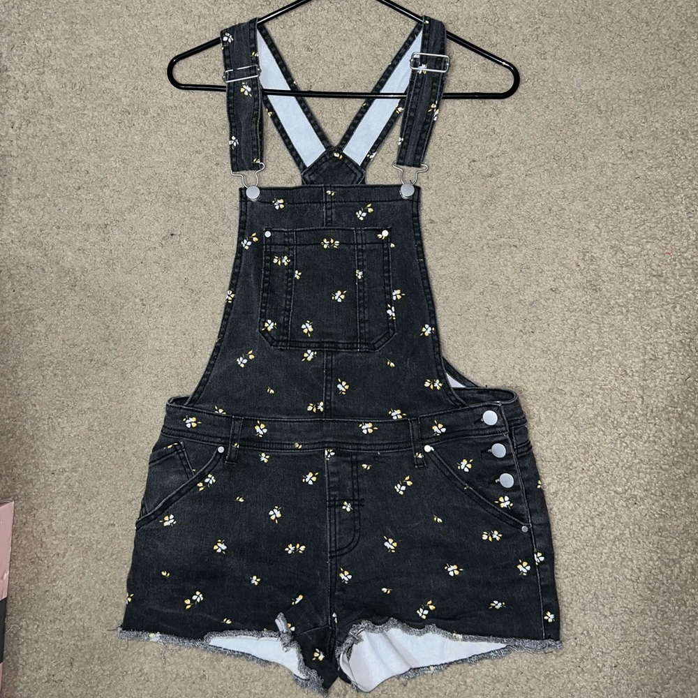 Tinsel Black Overalls with Yellow and White Floral Accents